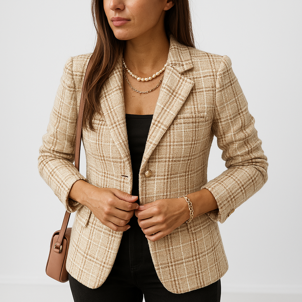 Blazer À Carreaux Camel Et Noir Avec Boutonnage Double Pour Femmes | Idéal Pour Le Travail Et Les Tenues Quotidiennes