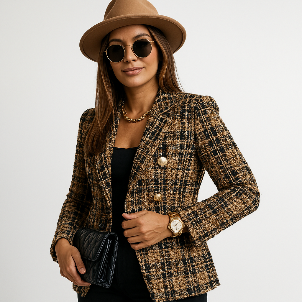 Blazer À Carreaux Camel Et Noir Avec Boutonnage Double Pour Femmes | Idéal Pour Le Travail Et Les Tenues Quotidiennes