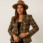 Blazer À Carreaux Camel Et Noir Avec Boutonnage Double Pour Femmes | Idéal Pour Le Travail Et Les Tenues Quotidiennes