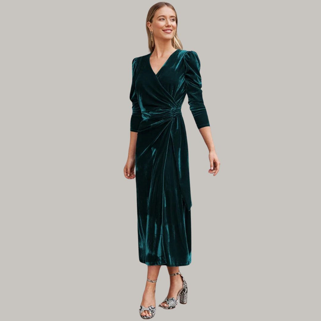 Robe Midi Portefeuille avec Manches Longues Bouffantes pour Femme | Idéale pour Soirées et Réceptions