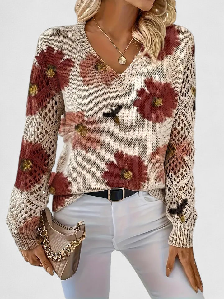 Pull À Motif Floral Avec Col En V Et Manches Longues Pour Femmes | Idéal Pour Le Quotidien