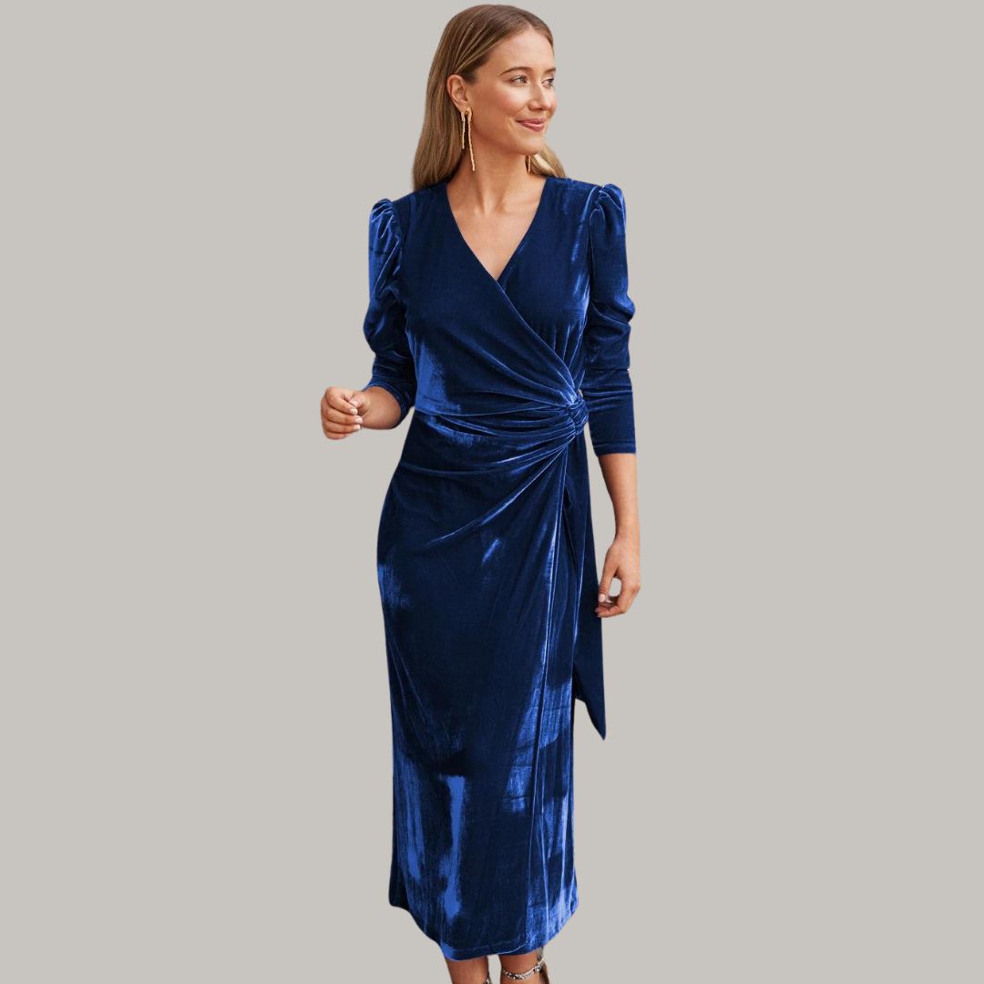 Robe Midi Portefeuille avec Manches Longues Bouffantes pour Femme | Idéale pour Soirées et Réceptions