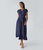Robe Midi Avec Taille Haute Et Manches Courtes Pour Femme | Idéal Pour Usage De Jour Et De Soir