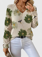 Pull À Motif Floral Avec Col En V Et Manches Longues Pour Femmes | Idéal Pour Le Quotidien