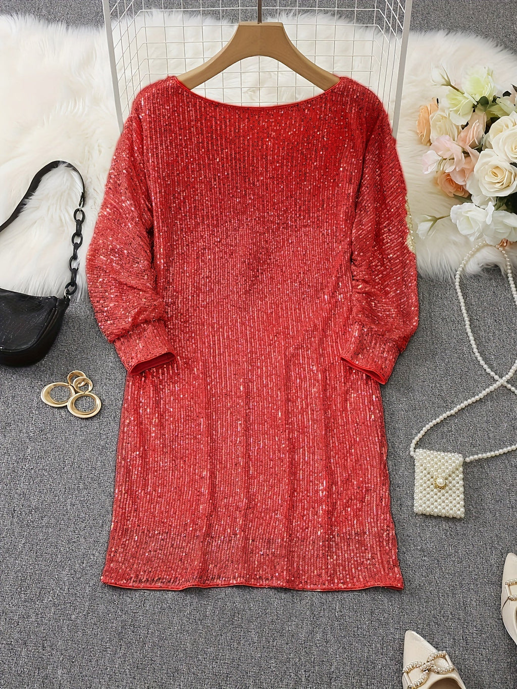 Robe De Soirée À Sequins Contrastés avec Col En V Et Manches Longues pour Femme | Idéale pour Les Événements Formels