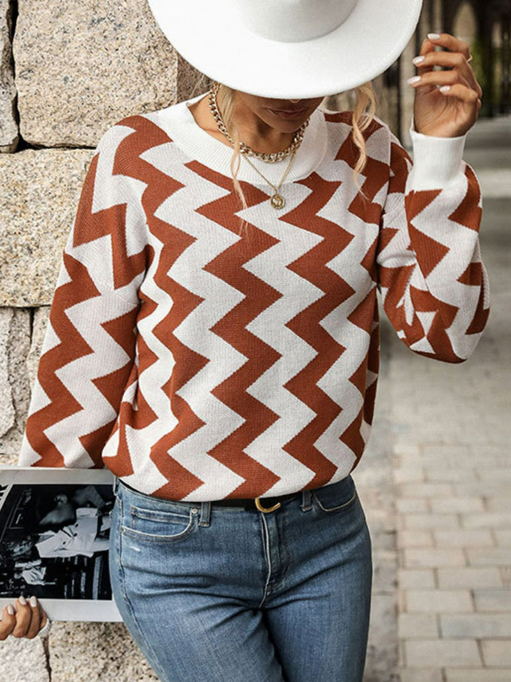 Pull À Motif Chevron Avec Épaules Tombantes Pour Femmes | Idéal Pour Le Quotidien