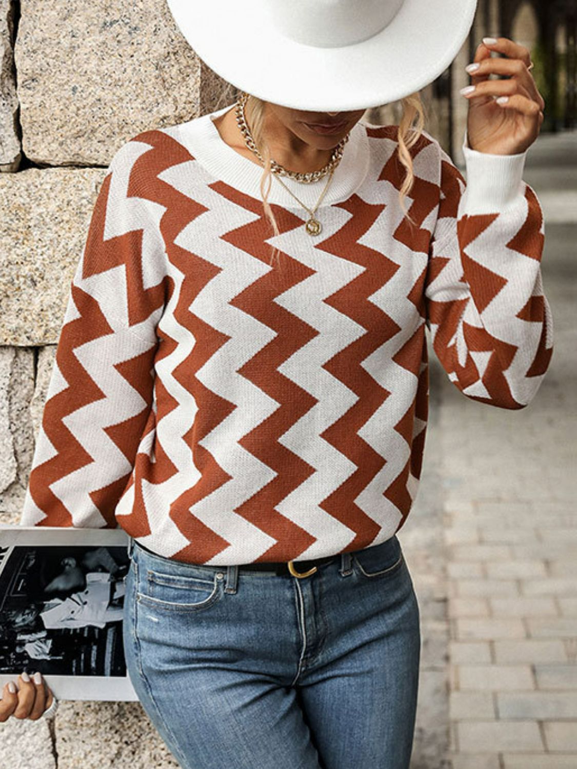 Pull À Motif Chevron Avec Épaules Tombantes Pour Femmes | Idéal Pour Le Quotidien