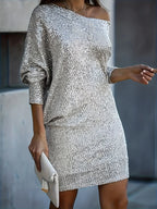 Robe De Soirée À Sequins Contrastés avec Col En V Et Manches Longues pour Femme | Idéale pour Les Événements Formels