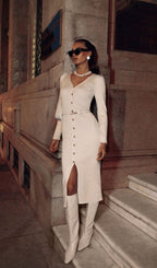 Robe Midi en Maille avec Col V et Boutons pour Femme | Idéale pour les Occasions Quotidiennes et les Sorties