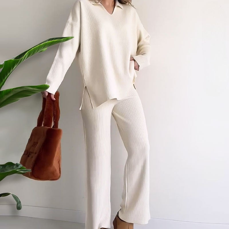 Ensemble Lounge Avec Texture Côtelée Et Pantalon À Jambe Large Pour Femmes | Idéal Pour Un Usage Quotidien