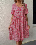 Robe Midi À Motif Floral Avec Col Rond Et Manches Courtes Pour Femme | Idéale Pour Le Jour Et La Soirée