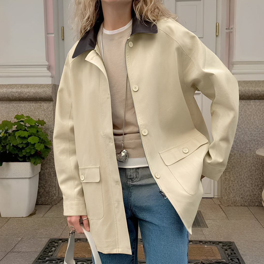 Veste Ample avec Col Polo et Design Contrasté pour Femme | Idéale pour le Quotidien