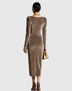 Robe Midi Plissée Avec Décolleté Drappé Et Manches Longues Pour Femme | Idéale Pour Les Événements Et Occasions Formelles