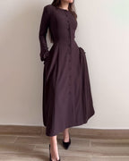 Robe Midi Boutonnée Avec Taille Cintrée Et Manches Longues Pour Femmes | Adaptée Aux Tenues Quotidiennes