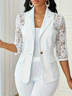 Blazer Blanc à Manches 3/4 en Dentelle avec Bouton Doré pour Femmes | Ideal for Mi-Saison et Usage Quotidien