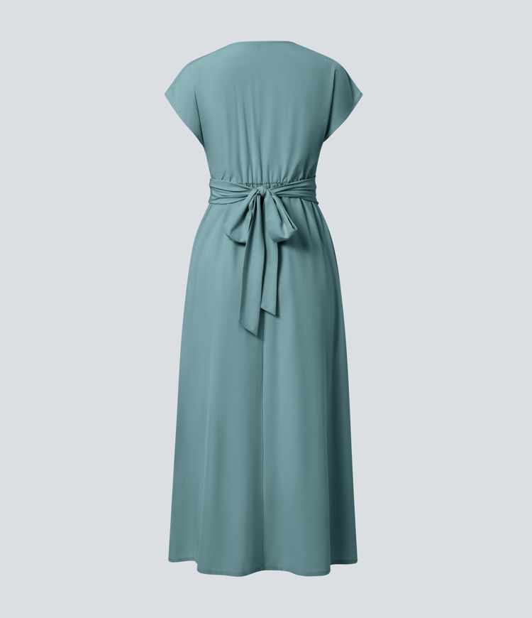 Robe Midi Avec Taille Haute Et Manches Courtes Pour Femme | Idéal Pour Usage De Jour Et De Soir
