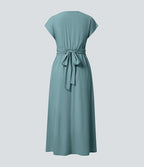 Robe Midi Avec Taille Haute Et Manches Courtes Pour Femme | Idéal Pour Usage De Jour Et De Soir