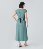 Robe Midi Avec Taille Haute Et Manches Courtes Pour Femme | Idéal Pour Usage De Jour Et De Soir