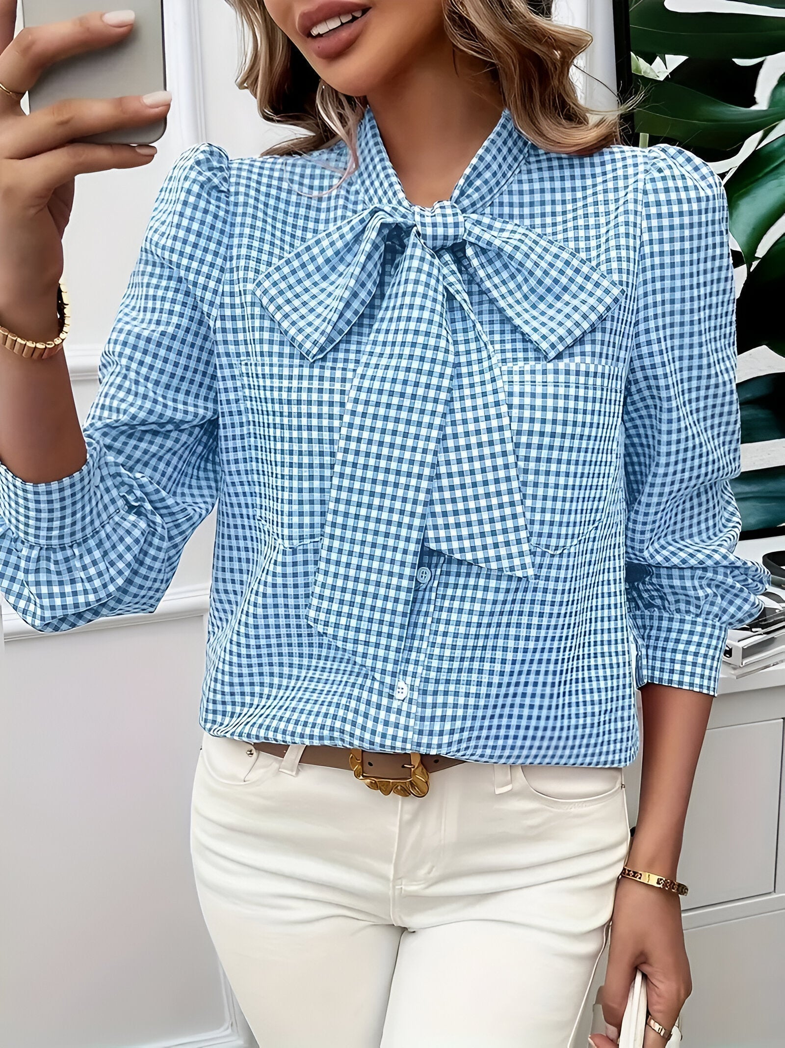 Blouse à Carreaux avec Détail Nœud pour Femme | Idéale pour Usage Quotidien et Bureau