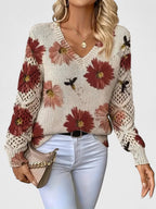Pull À Motif Floral Avec Col En V Et Manches Longues Pour Femmes | Idéal Pour Le Quotidien