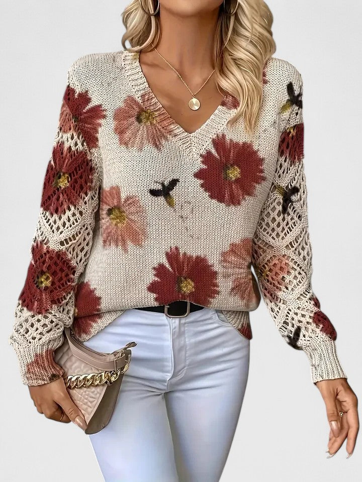 Pull À Motif Floral Avec Col En V Et Manches Longues Pour Femmes | Idéal Pour Le Quotidien