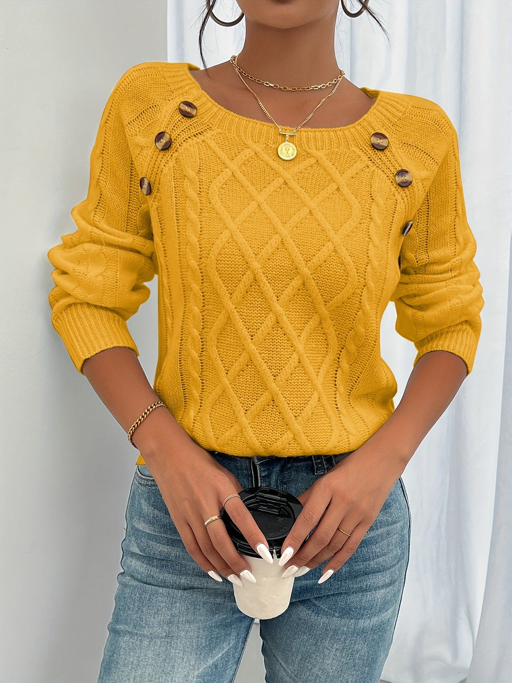 Pull à Maille Torsadée avec Boutons Décoratifs sur l’Épaule pour Femmes | Idéal pour Saisons Fraîches