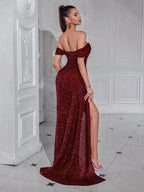 Robe De Soirée À Sequins avec Épaules Dénudées Et Fente pour Femme | Idéale pour Les Événements Formels