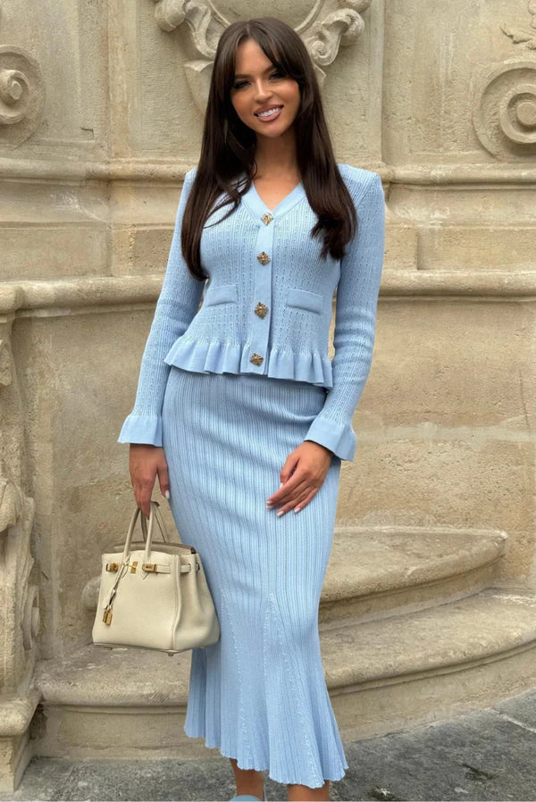 Ensemble Deux Pièces avec Cardigan à Col en V et Jupe Longue Évasée pour Femmes | Idéal pour Tenues de Travail ou Sorties