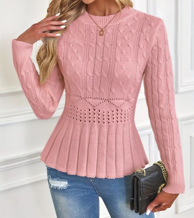 Pull à Manches Longues avec Ourlet Peplum et Motif Tressé pour Femme | Idéal pour un Usage Quotidien