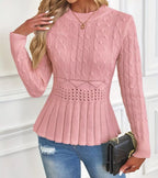 Pull à Manches Longues avec Ourlet Peplum et Motif Tressé pour Femme | Idéal pour un Usage Quotidien