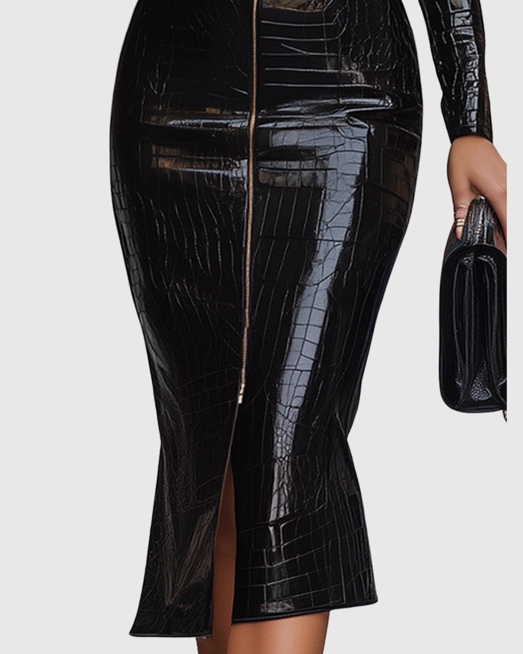 Robe Midi Ajustée avec Fermeture Zippée Frontale et Texture Effet Crocodile pour Femme | Idéale pour Événements et Sorties en Soirée