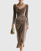 Robe Midi Plissée Avec Décolleté Drappé Et Manches Longues Pour Femme | Idéale Pour Les Événements Et Occasions Formelles