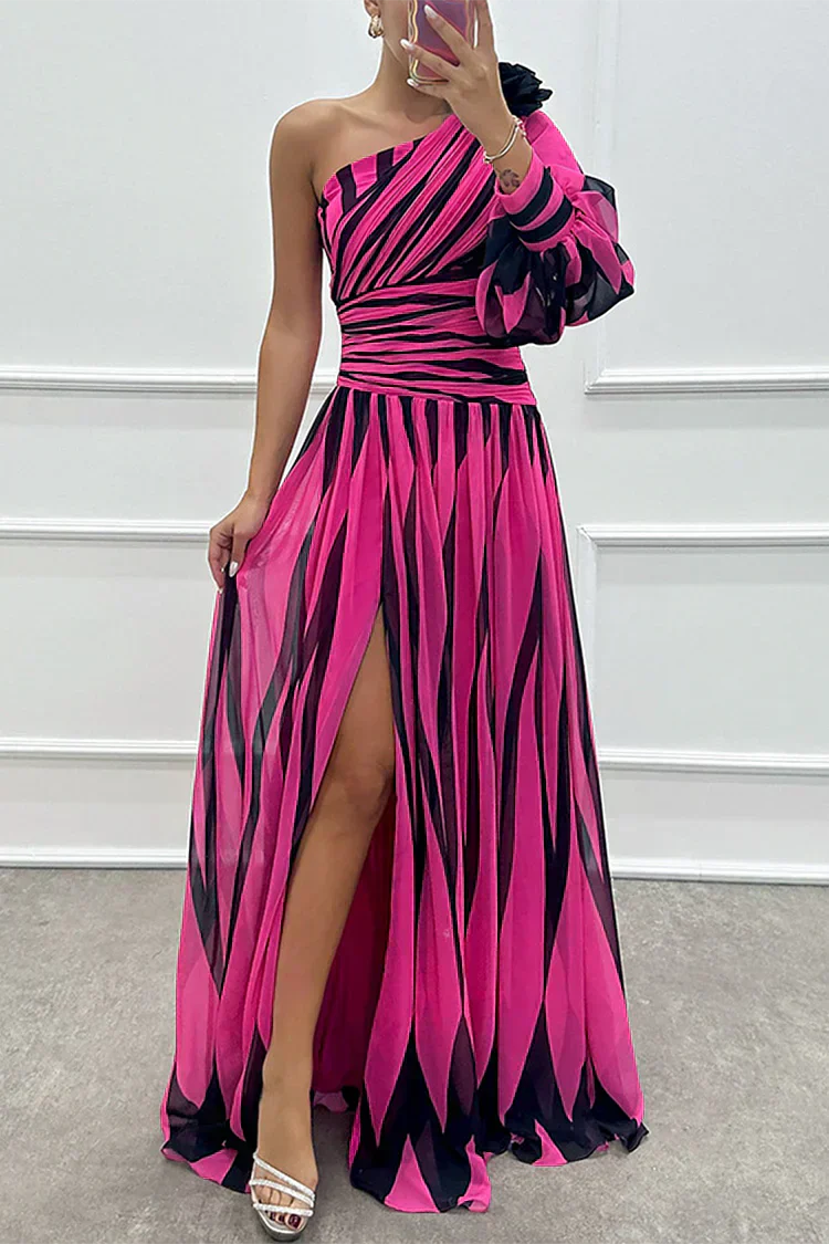 Robe Maxi One-Shoulder Rayée Avec Jupe Plissée Pour Femme | Idéale Pour L'Été