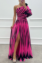 Robe Maxi One-Shoulder Rayée Avec Jupe Plissée Pour Femme | Idéale Pour L'Été