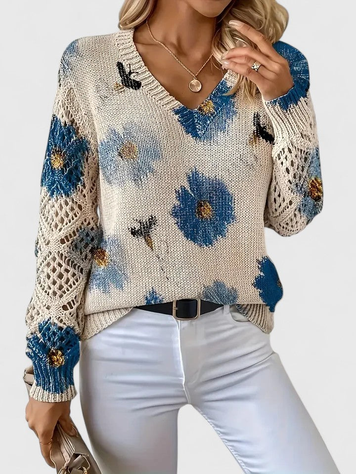 Pull À Motif Floral Avec Col En V Et Manches Longues Pour Femmes | Idéal Pour Le Quotidien