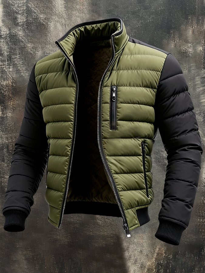 Veste Matelassée Avec Zip Frontal Et Manches Contrastées Pour Homme | Idéale Pour La Saison Froide