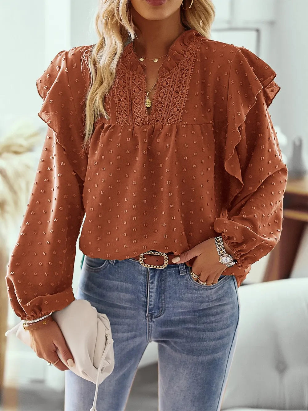 Blouse À Texture Suisse Avec Col À Volants Et Manches Longues Pour Femme | Idéale Pour Le Bureau Et Les Sorties
