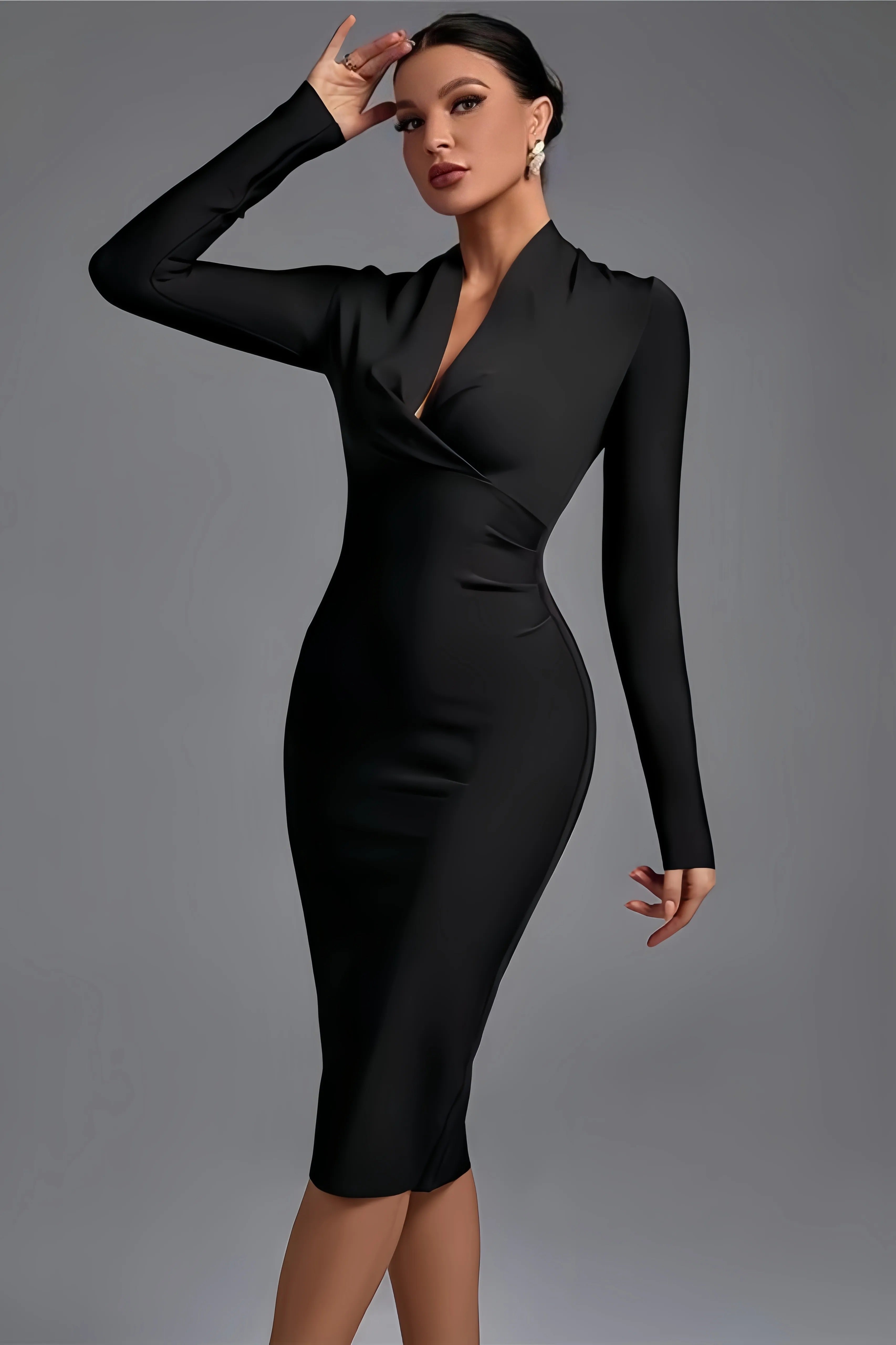 Robe Midi Cache-Cœur Noire avec Coupe Ajustée pour Femmes | Idéale pour les Occasions Formelles et Quotidiennes