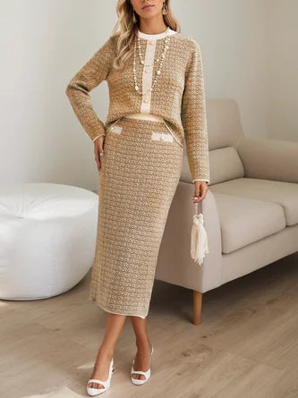 Ensemble Deux Pièces avec Veste à Col Rond Contrasté et Jupe Midi pour Femmes | Idéal pour Événements et Réunions