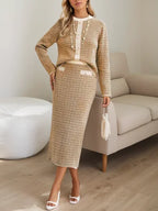 Ensemble Deux Pièces avec Veste à Col Rond Contrasté et Jupe Midi pour Femmes | Idéal pour Événements et Réunions