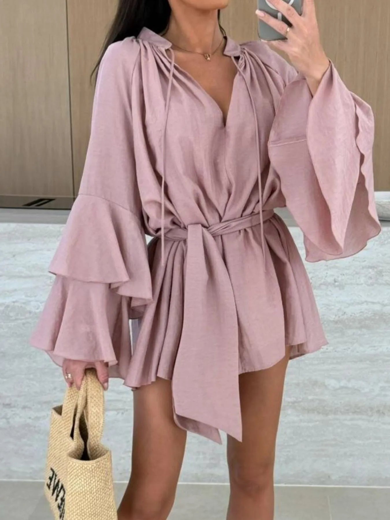 Robe Courte À Taille Ajustable Avec Jupe Évasée Et Manches Longues Pour Femme | Idéale Pour Des Sorties Courantes