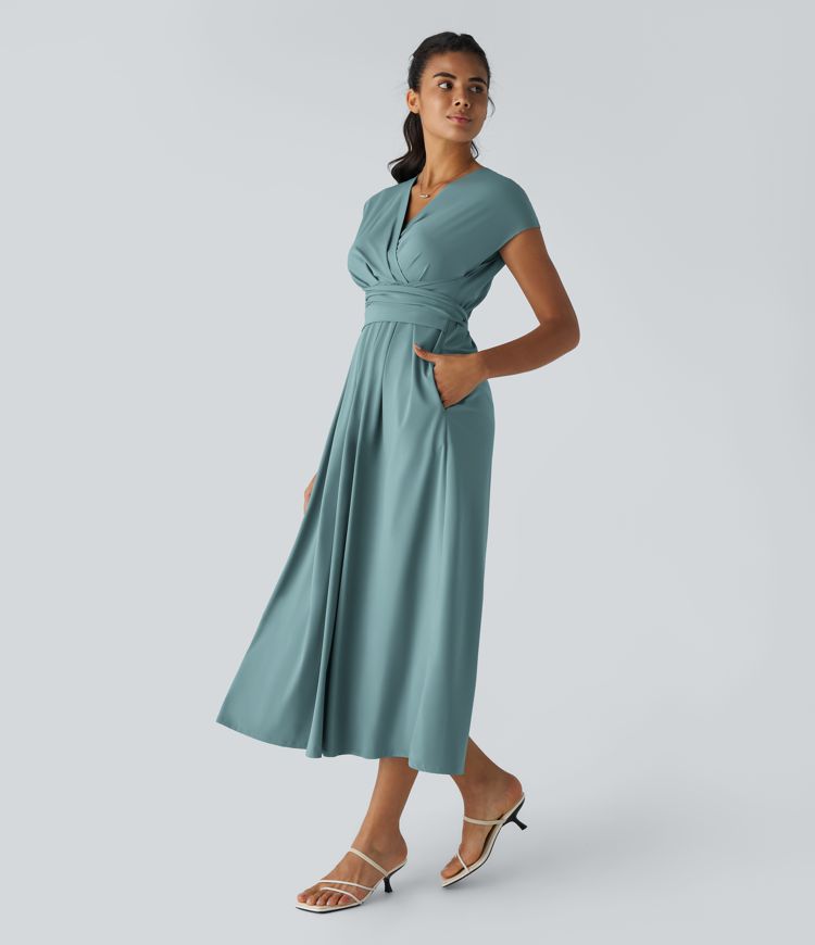 Robe Midi Avec Taille Haute Et Manches Courtes Pour Femme | Idéal Pour Usage De Jour Et De Soir