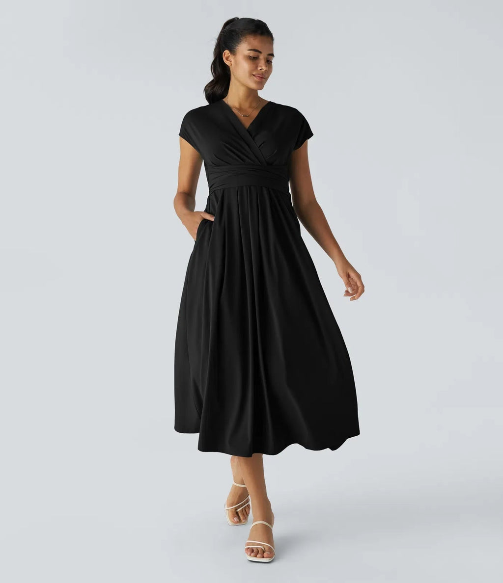 Robe Midi Avec Taille Haute Et Manches Courtes Pour Femme | Idéal Pour Usage De Jour Et De Soir