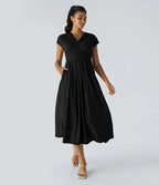 Robe Midi Avec Taille Haute Et Manches Courtes Pour Femme | Idéal Pour Usage De Jour Et De Soir