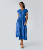 Robe Midi Avec Taille Haute Et Manches Courtes Pour Femme | Idéal Pour Usage De Jour Et De Soir