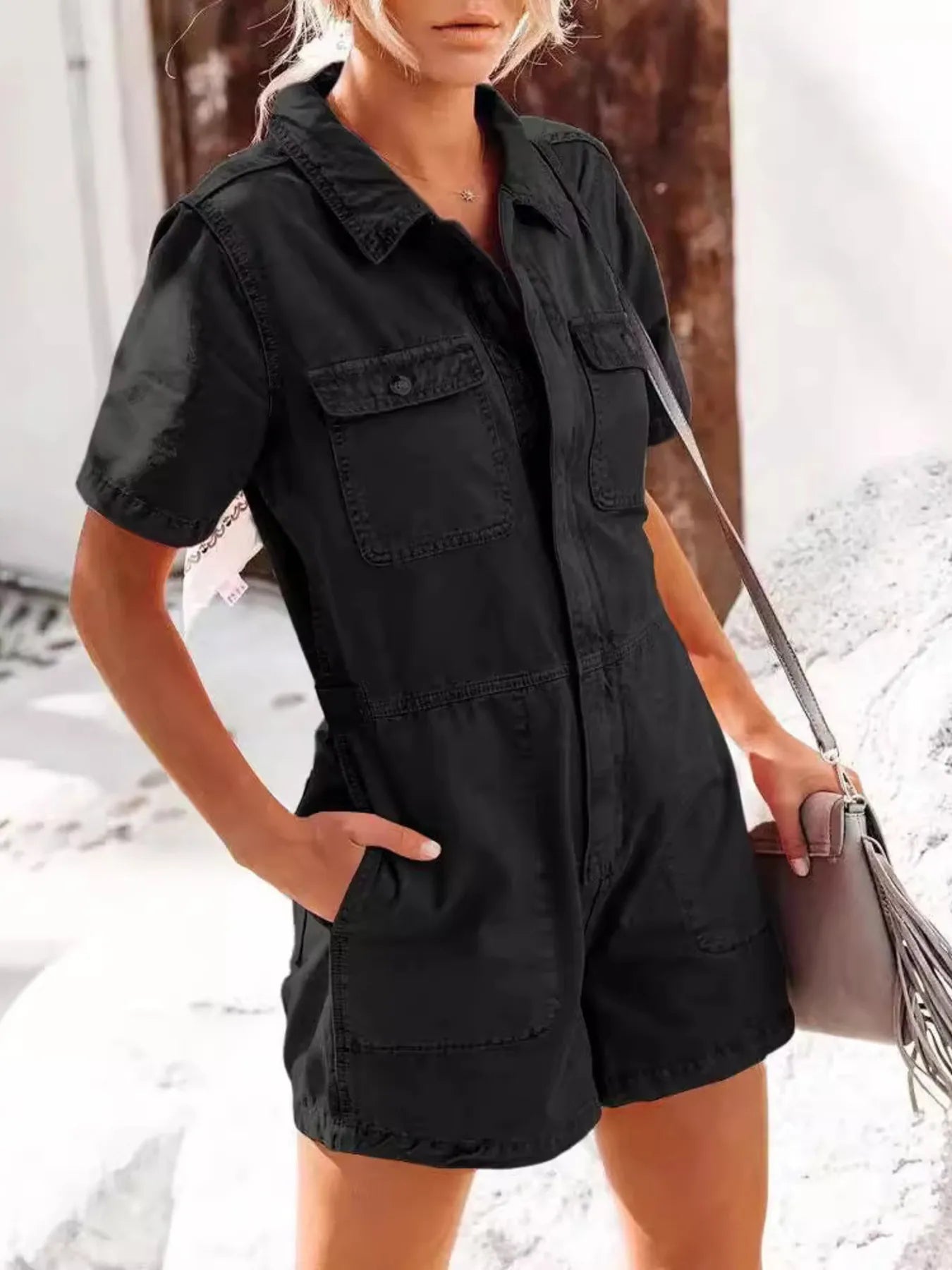 Combinaison En Denim Avec Manches Courtes Et Poches Poitrine Pour Femme | Idéale Pour Un Usage Quotidien