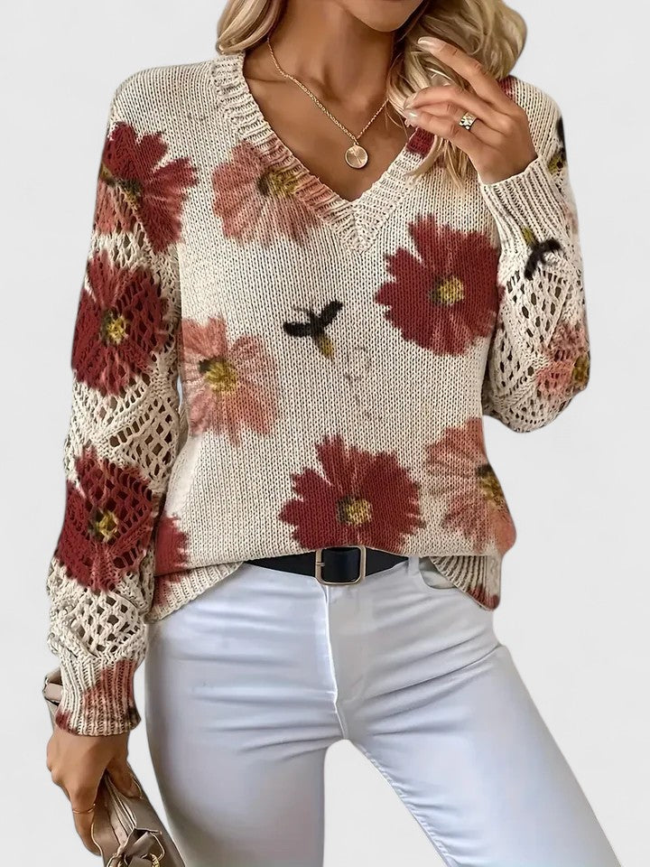 Pull À Motif Floral Avec Col En V Et Manches Longues Pour Femmes | Idéal Pour Le Quotidien