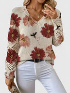 Pull À Motif Floral Avec Col En V Et Manches Longues Pour Femmes | Idéal Pour Le Quotidien