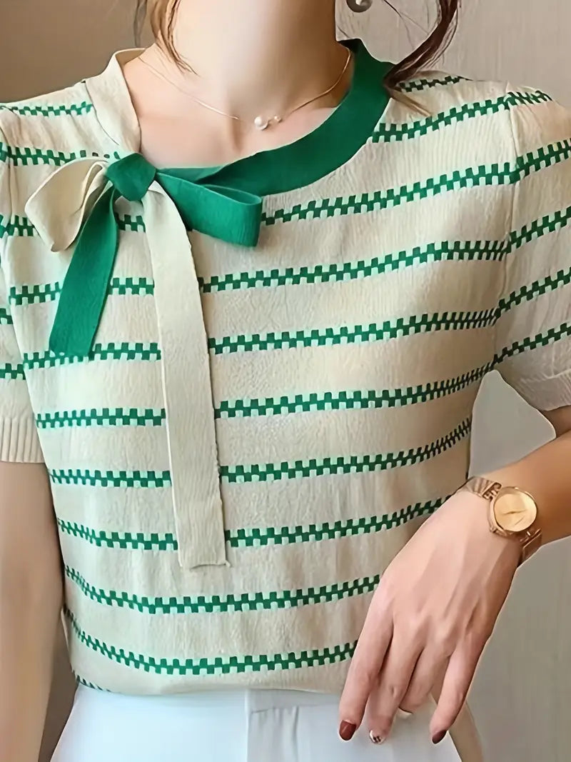 Haut À Col Polo Avec Encolure À Nouer Et Motif Rayé Pour Femme | Idéal Pour Usage Quotidien Et Loisirs