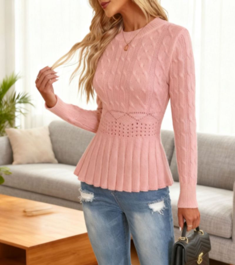 Pull à Manches Longues avec Ourlet Peplum et Motif Tressé pour Femme | Idéal pour un Usage Quotidien